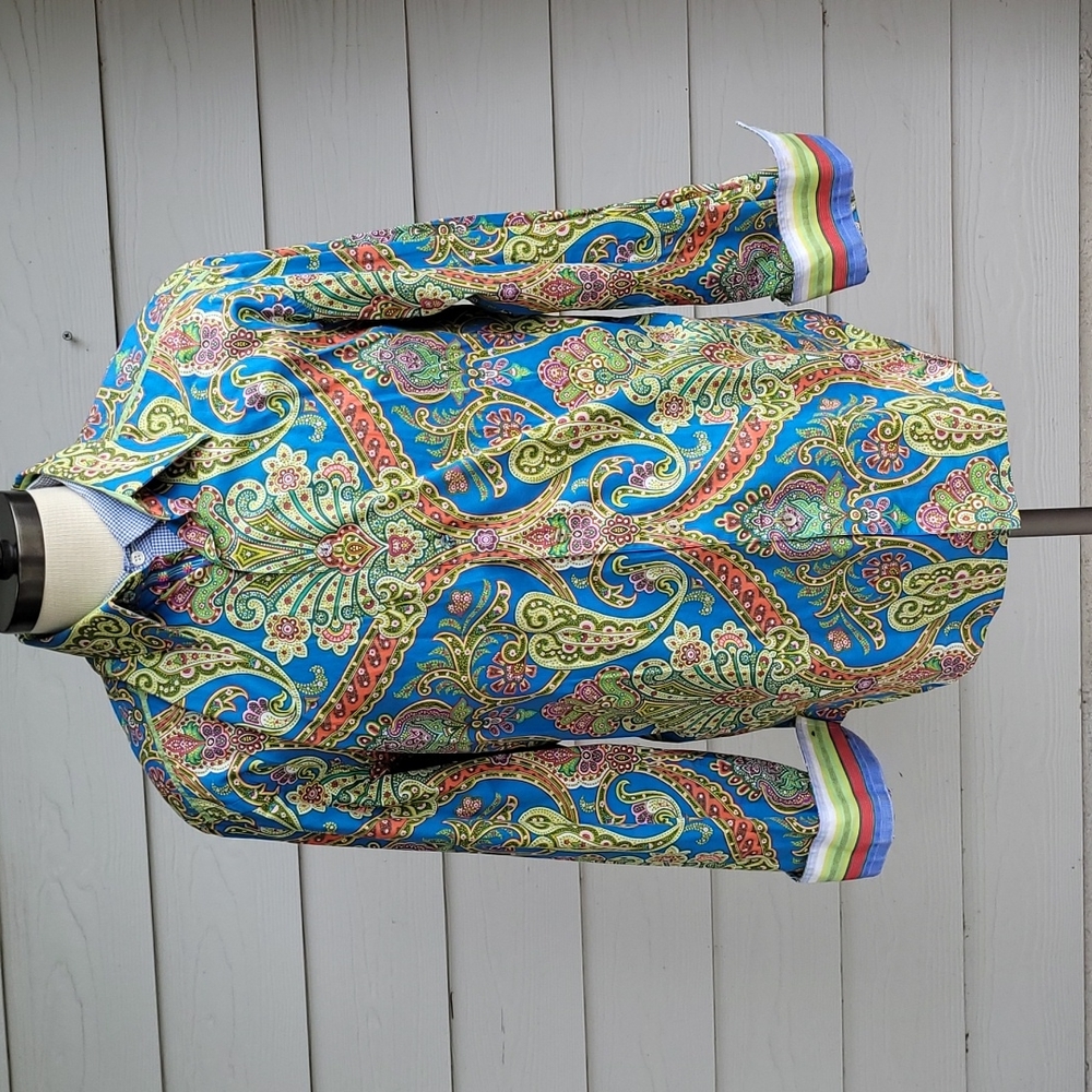 ROBERT GRAHAM Blue Green Abstract Paisley Cotton Large Long Sleeve Shirt
